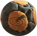 Close up of 14 panel hand stitched synthetic suede soccer footbag showing pellet filled texture