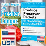 Close up of two Impresa FreshFlow compatible sachets used for refrigerator produce drawers.