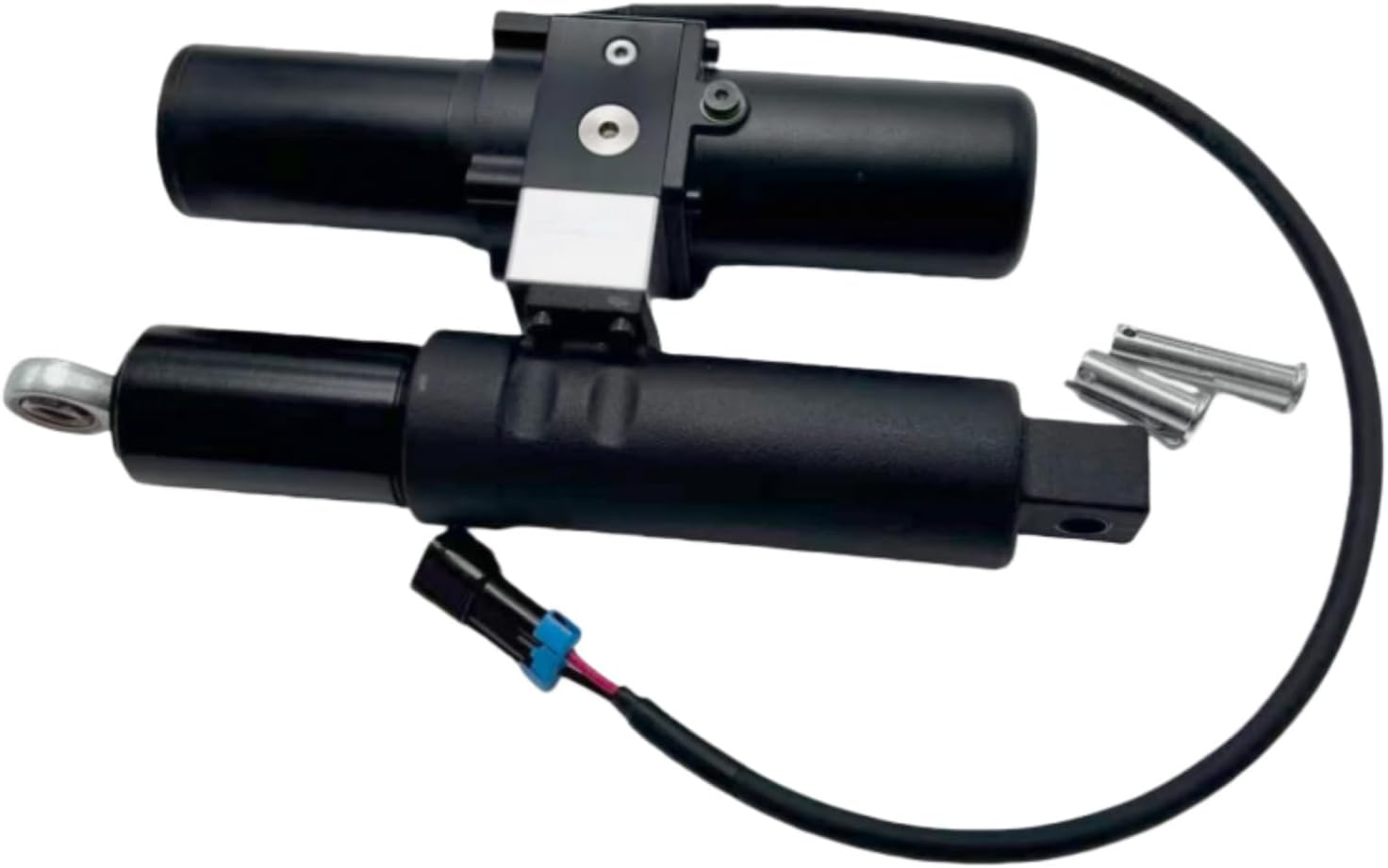 QTwnlop hydraulic plow blade actuator front view showing black finish and mounting points.