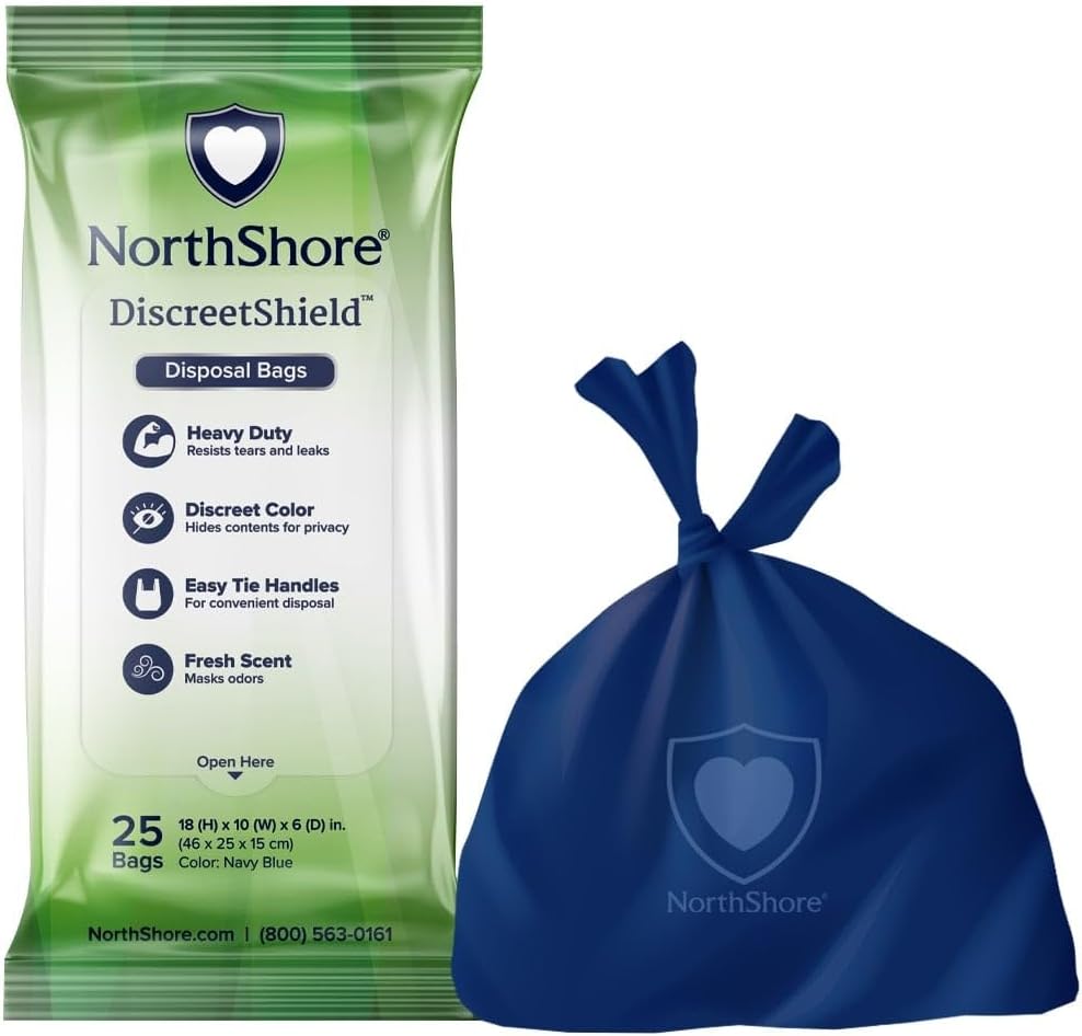 NorthShore DiscreetShield disposal bags 25 count front view showing the soft packaging for adult diaper management.
