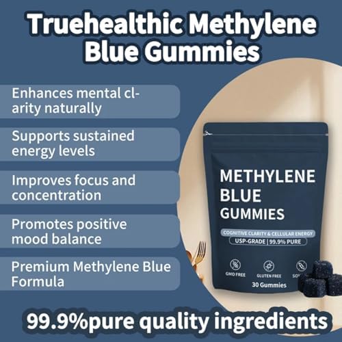 Close up of Truehealthic Methylene Blue blue raspberry gummy