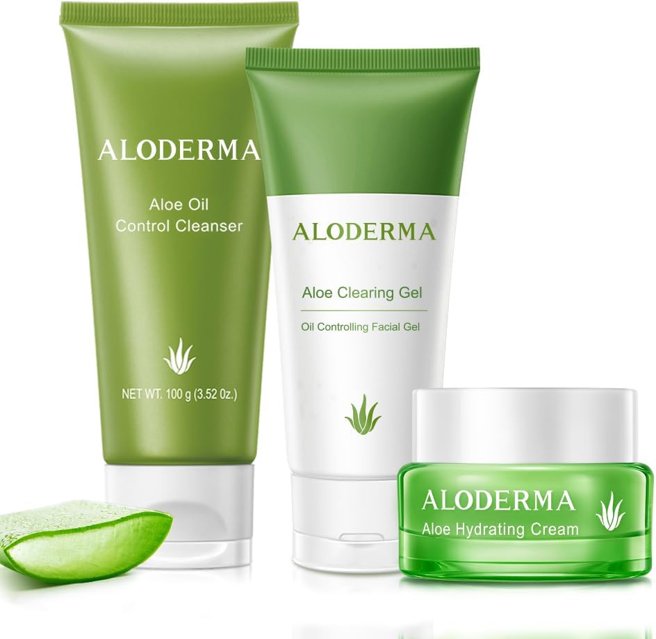 Aloderma Aloe Oil Controlling Three Piece Set front view showcasing cleanser, clearing gel, and hydrating cream for oily skin.