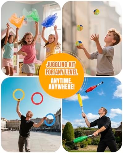 Complete 12 piece juggling set neatly organized in a portable mesh carrying bag