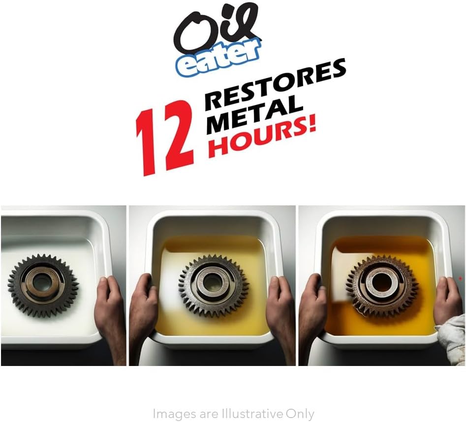 Oil Eater rust remover bottle next to restored automotive parts