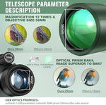 OXK Optics green outdoor telescope showing the top manual focus wheel and large twenty-five millimeter eyepiece.