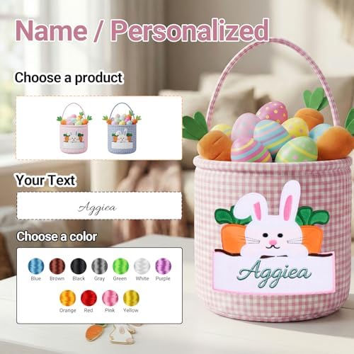 OXYEFEI custom name canvas bucket filled with festive eggs for children.