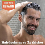 Keratin infused grey reducing shampoo for men showcasing text directions and shade guide.