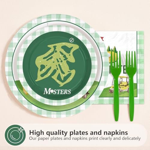 Greencian Let's Par-Tee disposable plates and napkins arranged for a sports-themed birthday celebration.