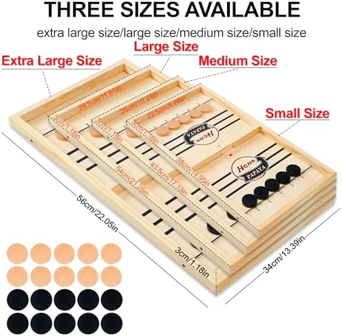 Portable wooden air hockey game packaging and complete contents