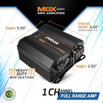 Top view of the PRV Audio 1800W full range monoblock amp emphasizing its small footprint for ATV installations.