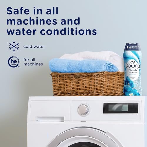 Instructional view demonstrating how to toss Downy fabric beads directly into the washing machine drum.