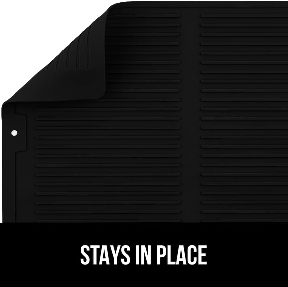 GORILLA GRIP 100% BPA-Free Patented Silicone Dish Drying Mat for Kitchen Counter, Water Catching Ribbed Design, Easy Clean Waterproof Sink Liner, Heat Resistant, Fits Under Rack, 12x16 Inch, Black - Image 9