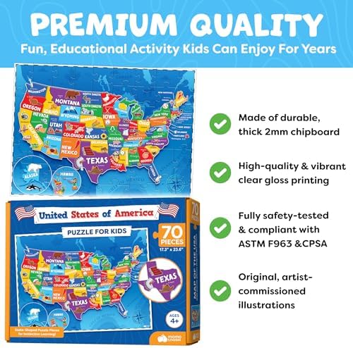 Assembled 70 piece USA map floor puzzle showing fifty states and capitals.