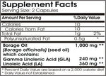 Side label view of emulsified dry borage oil 200 capsules showing additive free clean ingredients