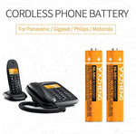 Authentic USA imported replacement batteries for DECT 6.0 cordless phones displayed in retail configuration.