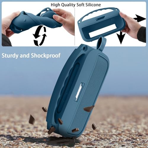 co2CREA silicone case for Bose showing sturdy aluminum carabiner attached to a backpack