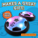 Air powered hover soccer disc gliding smoothly across a modern wooden living room floor.