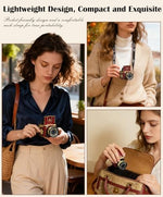 EJXHKNF red retro digital camera being used for outdoor travel photography