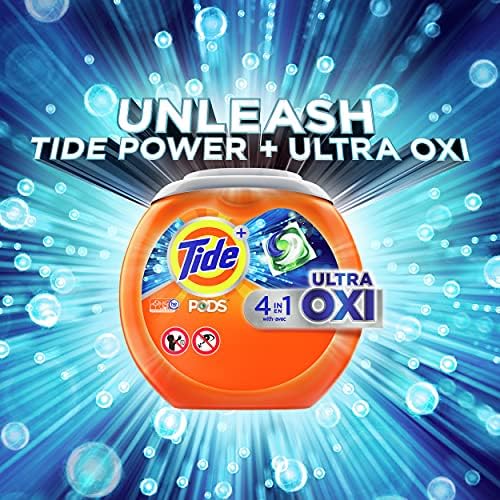 Close up of Tide Ultra Oxi laundry pacs showing multi-chamber liquid detergent technology.