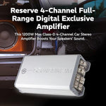 Side layout of the Soundstream 1200W car audio amplifier displaying the variable crossover adjustments and RCA input terminals.