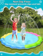 Inflatable pet fountain pool connected to a garden hose in a backyard setting