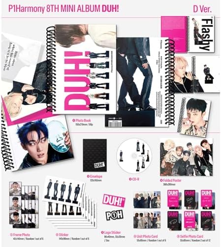 Full unboxing layout of the imported P1Harmony K-pop album showing photobook and poster inclusions.