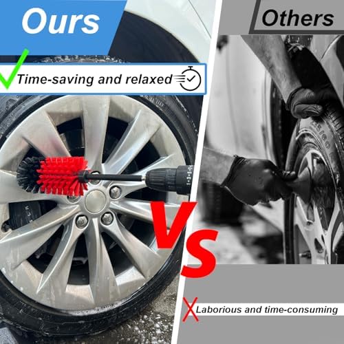 Soft drill wheel cleaner brush showing the heavy duty nylon bristles and quarter inch quick change steel shaft.
