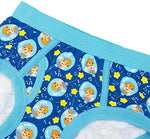 Toddler combed cotton underwear pack with character prints arranged next to the packaging
