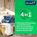 Dr. Easy plant-based fabric softener laundry sheets showing 200 count packaging and essential oil scent details.