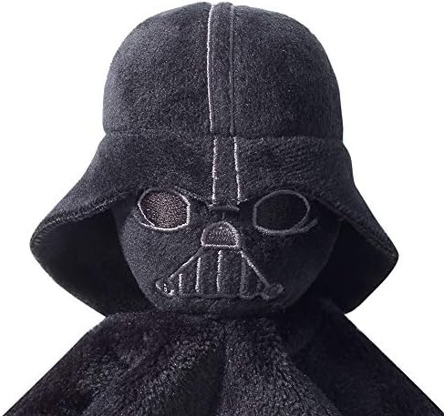 Close up shot of the embroidered plush Darth Vader head attached to the security blanket.
