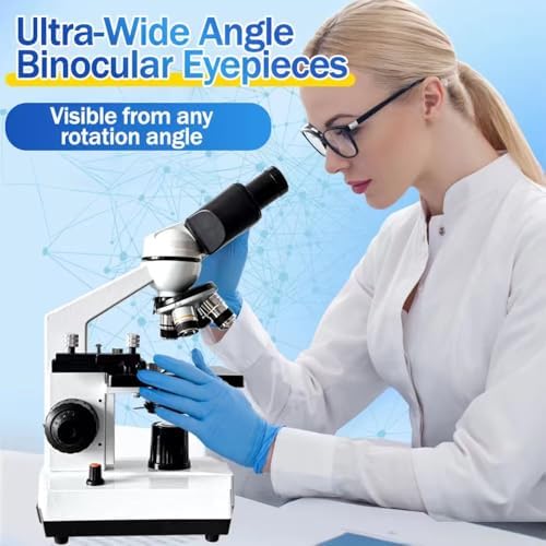 High magnification compound microscope close up on the dual wide angle eyepieces and Abbe condenser spotlight.