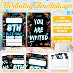 SDLSETW eighth birthday invite cards spread out with matching white envelopes