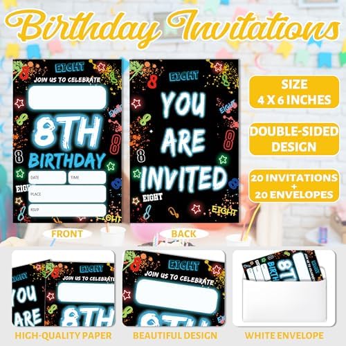 SDLSETW eighth birthday invite cards spread out with matching white envelopes
