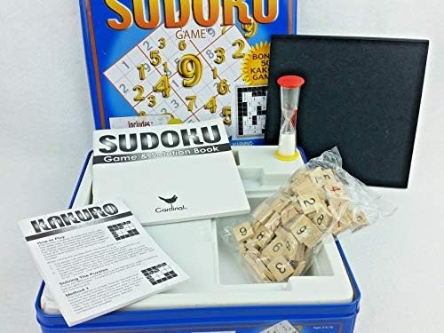 Open Cardinal logic game tin with wooden pieces and sand timer