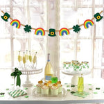 Handcrafted thick felt Irish green shamrock clover and colorful rainbow hat garland detail close up.