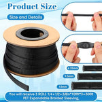 Three different sizes of black PET braided sleeve showing fifty percent expansion capability