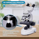 Velamnia scientific research microscope showing four rotating achromatically corrected objective lenses.