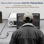 Cubilux USB Type A to SPDIF digital converter highlighting the durable aluminum alloy shell construction.
