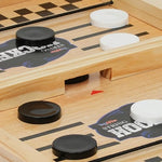 Top view of the center gate on the wooden board game showcasing the elastic string mechanism.