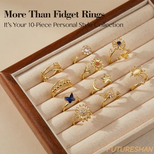 Celestial moon and star spinner rings with cubic zirconia details for stress relief.