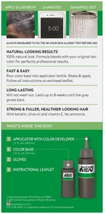 Just For Men gray coverage hair dye bottle and developer kit components.