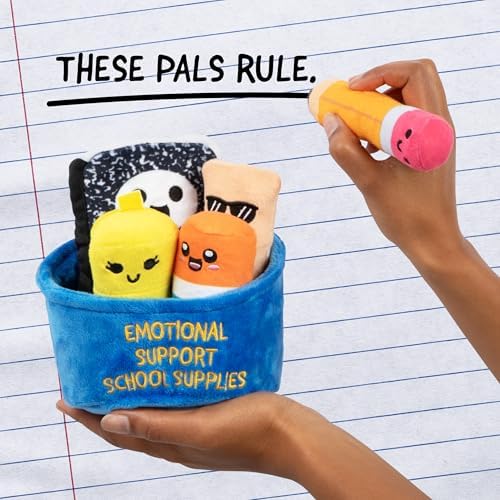 Blue plush carrying basket holding five soft school-themed stuffed toys.