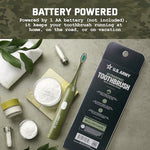 U.S. Army sonic toothbrush packaging layout including the three replacement brush heads.