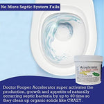 Back label of Dr. Pooper Accelerator showing detailed instructions for septic maintenance and clog clearing.