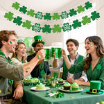 Close up view of the sparkly accents on the thick green felt material of the Zerobe Irish party hanging clover banner.