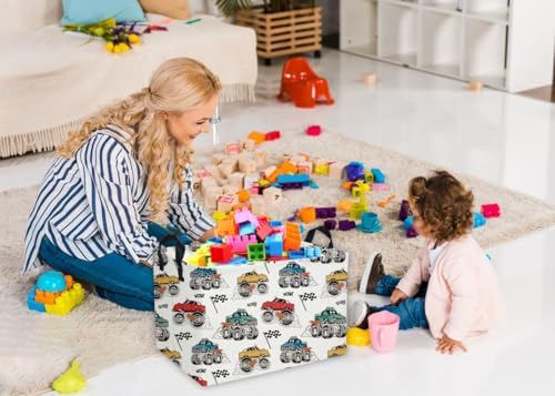 Collapsible blue canvas toy organizer bin folded flat to demonstrate space saving features.