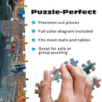 Completed 500 piece coastal landscape puzzle displayed flat on a table after successful construction.