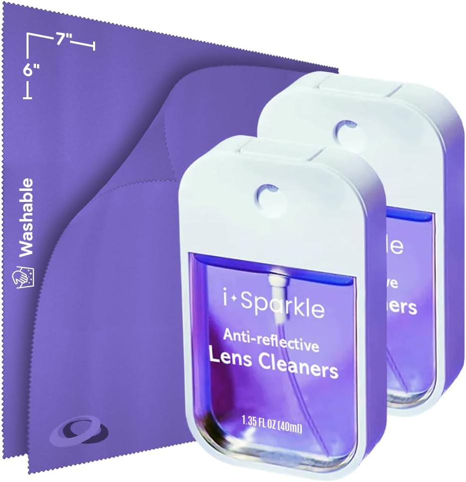 OPTIPAK I-Sparkle Anti-Reflective Lens Cleaner Spray Kit front view showing two bottles and purple microfiber cloths.