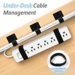 Self adhesive backing being peeled off the detachable cord organizer strap for desk mounting.