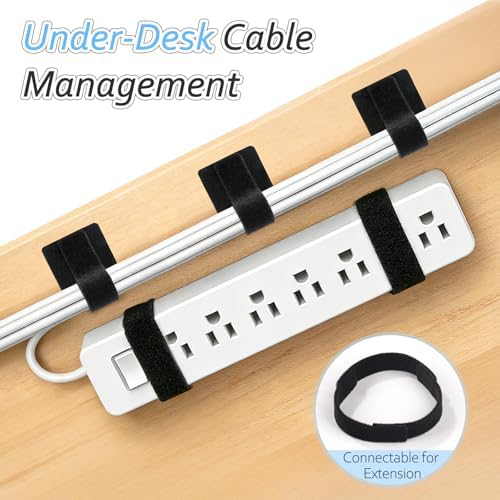 Self adhesive backing being peeled off the detachable cord organizer strap for desk mounting.